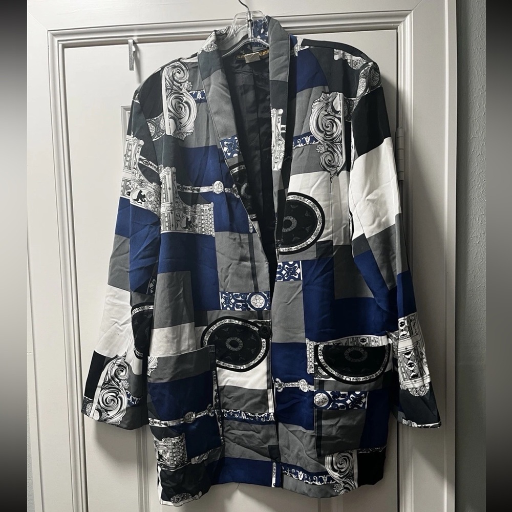 Emily Adams Square 1 Button.Blazer Women Size XL Blue Gray White Black Pockets